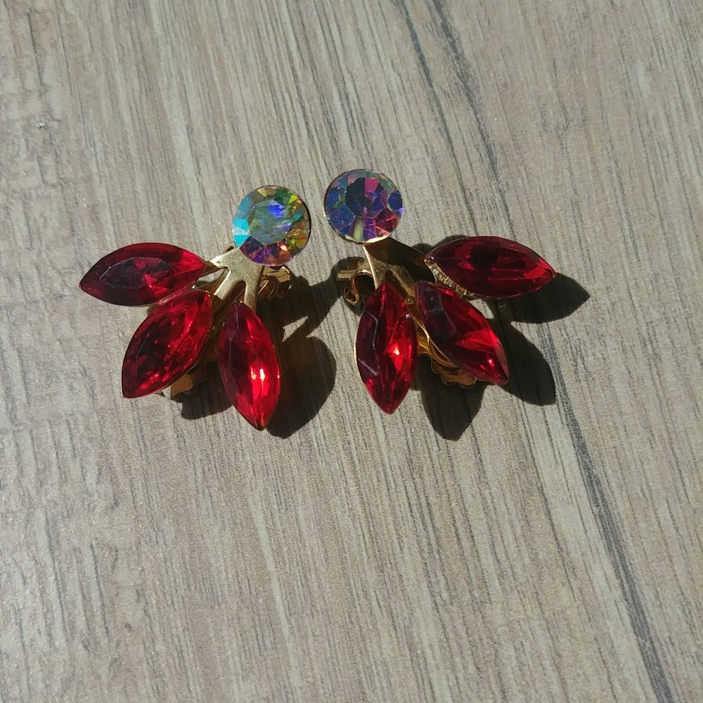 Vintage Rhinestone Red  Leaf Clip-on Earrings